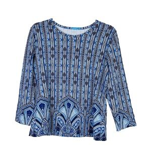 J McLaughlin Catalina Cloth Artsy Shirt Top Blue Geometric Jersey Stretch Size L